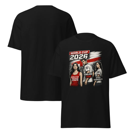 Black T-shirt with England fans 2026 graphic and other tournaments themed football meme print on the front