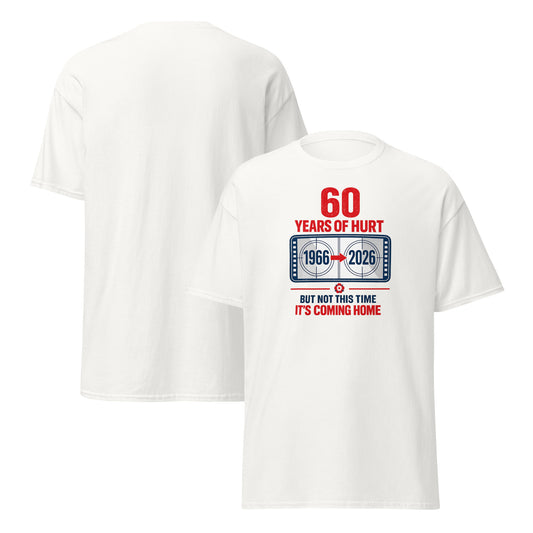 White T-shirt with red and blue football graphic reading 60 Years of Hurt, 1966 to 2026, and It’s Coming Home